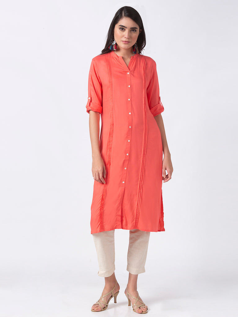 Core Women Straight Three-Fourth Coral Kurta