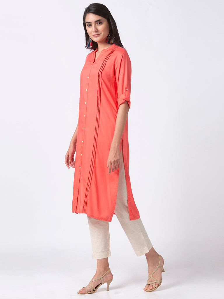 Core Women Straight Three-Fourth Coral Kurta