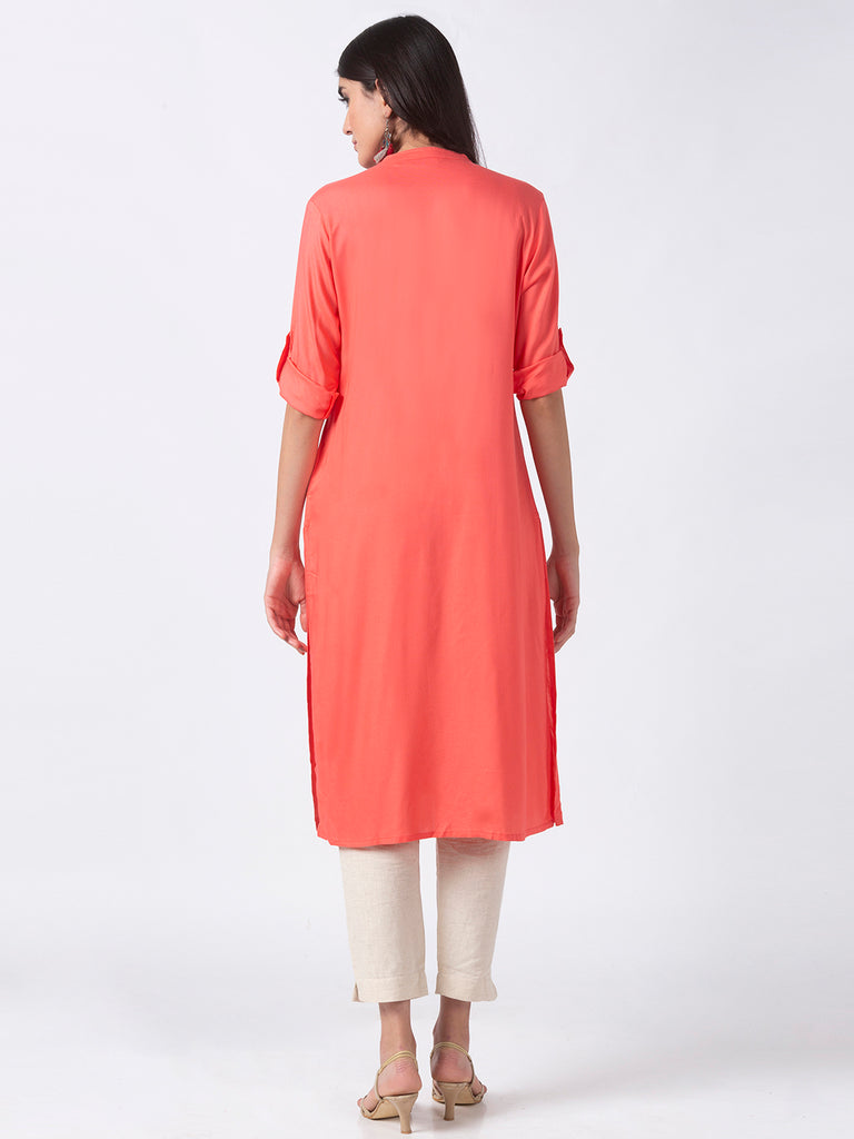 Core Women Straight Three-Fourth Coral Kurta