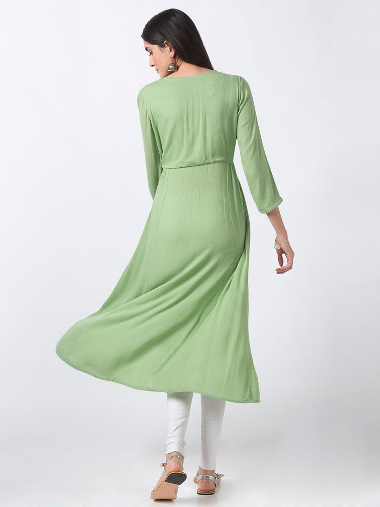Women Gathered Three-Fourth Green Kurta