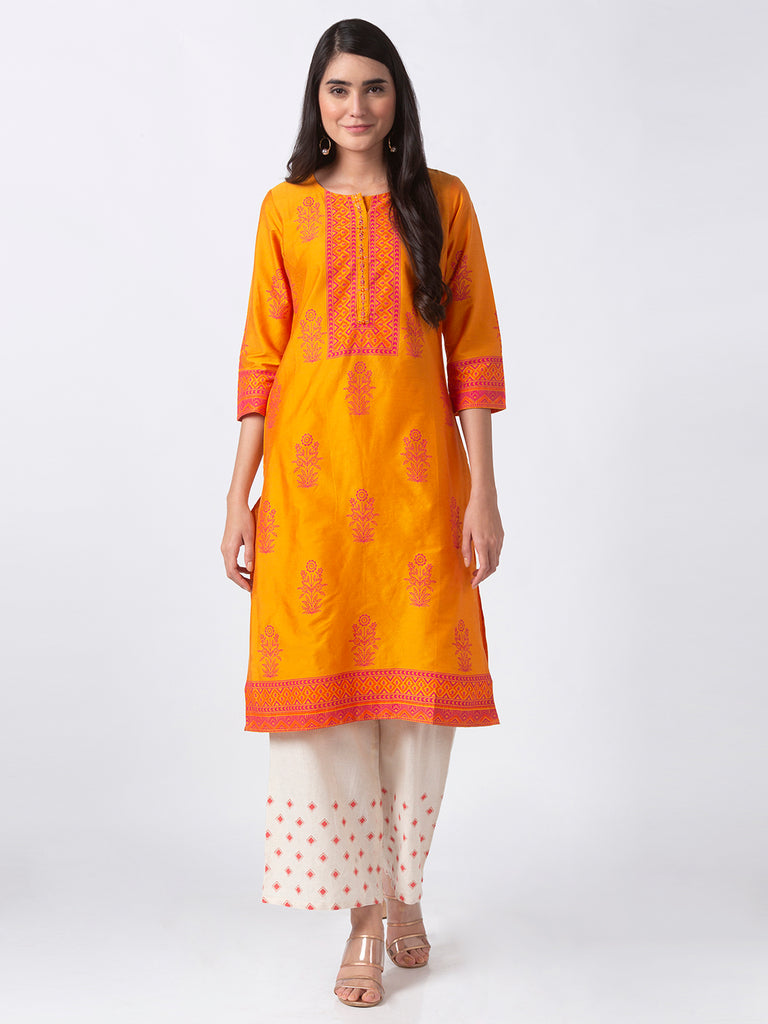 Women Straight Three-Fourth Mustard Kurta