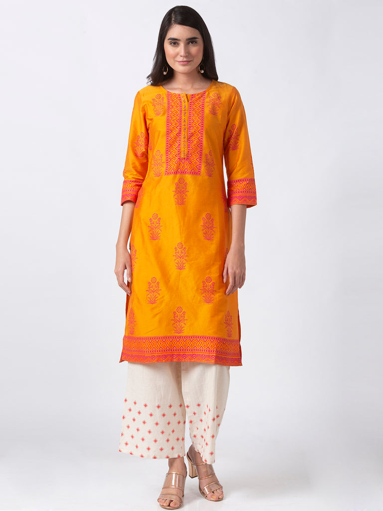 Women Straight Three-Fourth Mustard Kurta