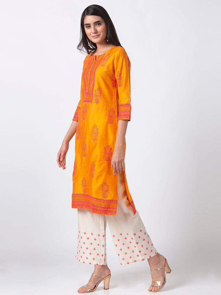 Women Straight Three-Fourth Mustard Kurta