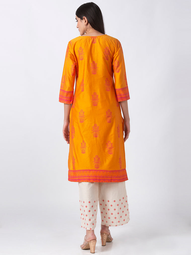 Women Straight Three-Fourth Mustard Kurta