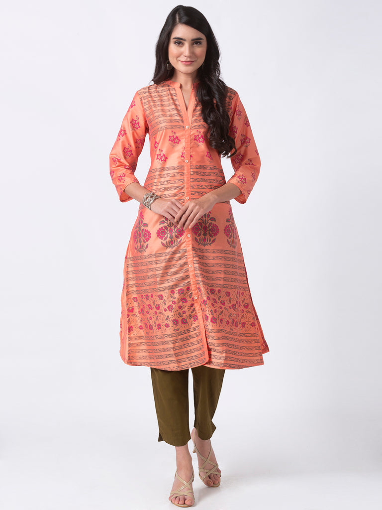 Women A Line Three-Fourth Peach Kurta
