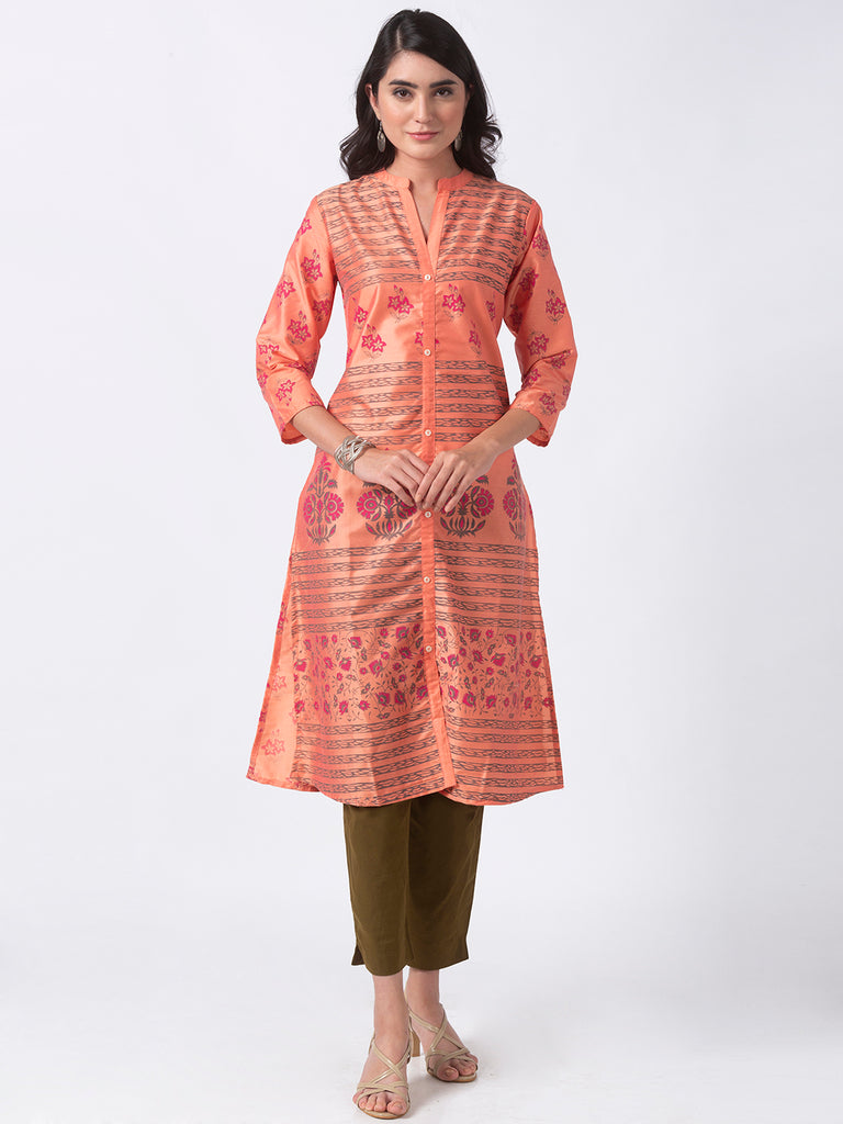 Women A Line Three-Fourth Peach Kurta