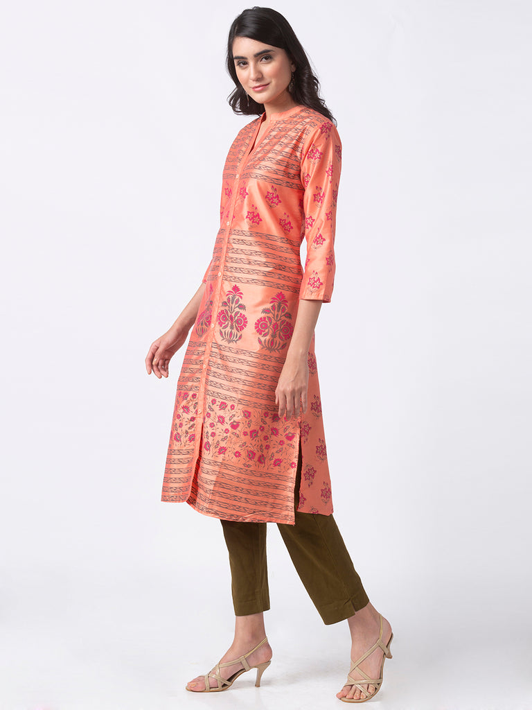 Women A Line Three-Fourth Peach Kurta