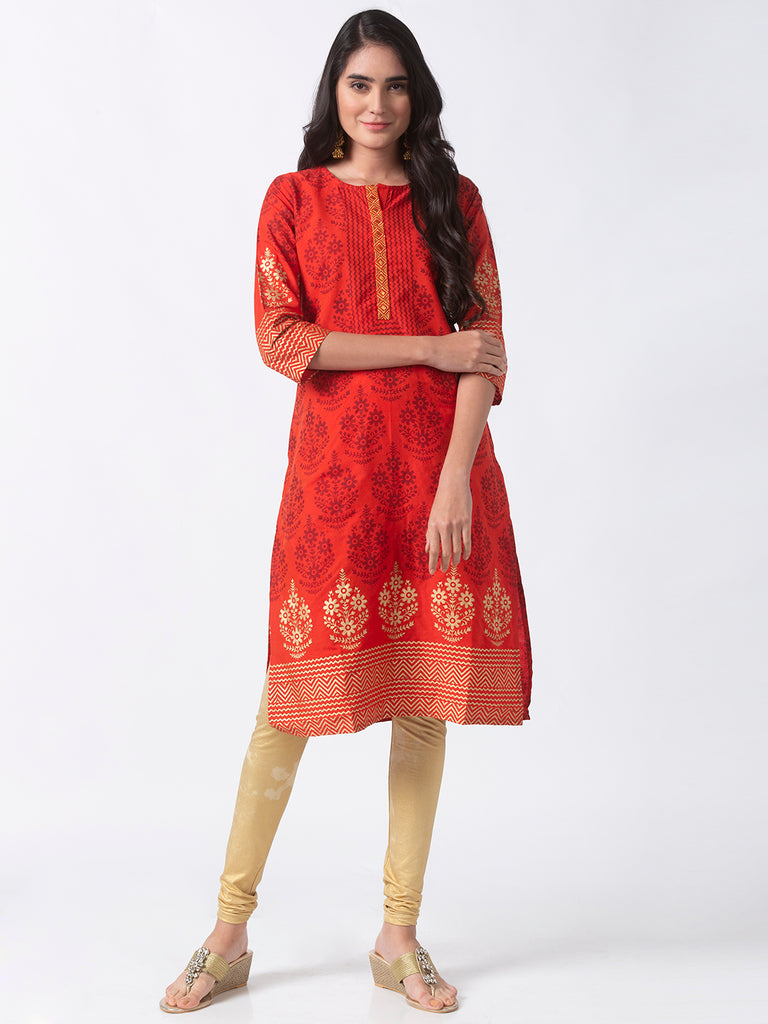 Women Straight Three-Fourth Rust Kurta