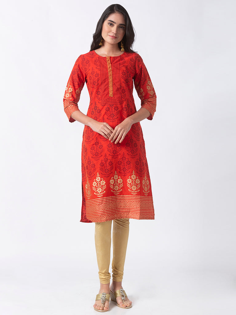 Women Straight Three-Fourth Rust Kurta