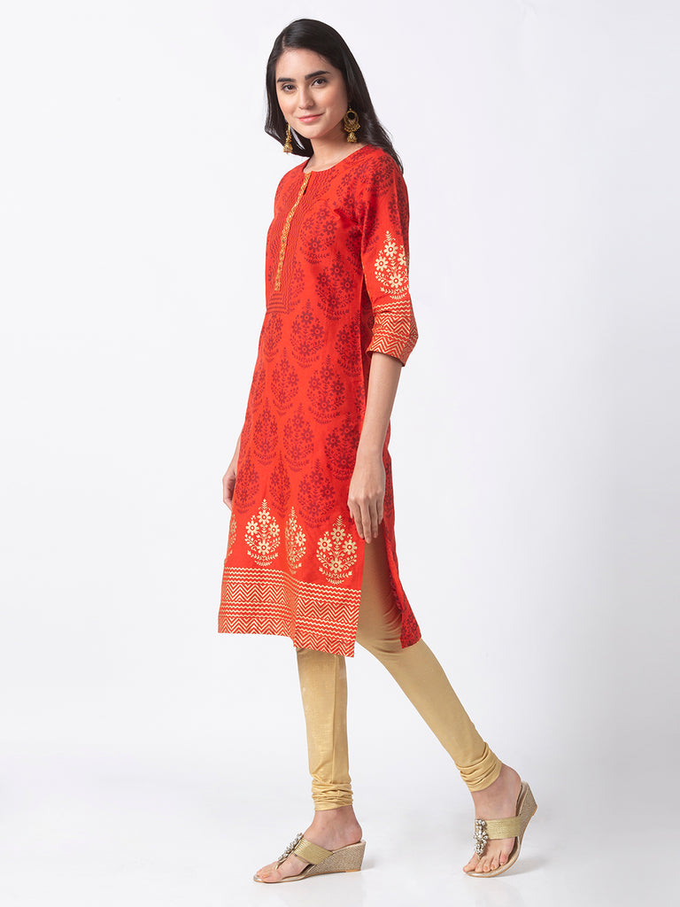 Women Straight Three-Fourth Rust Kurta