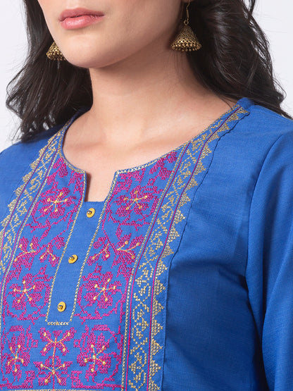 Women Straight Three-Fourth Blue Kurta