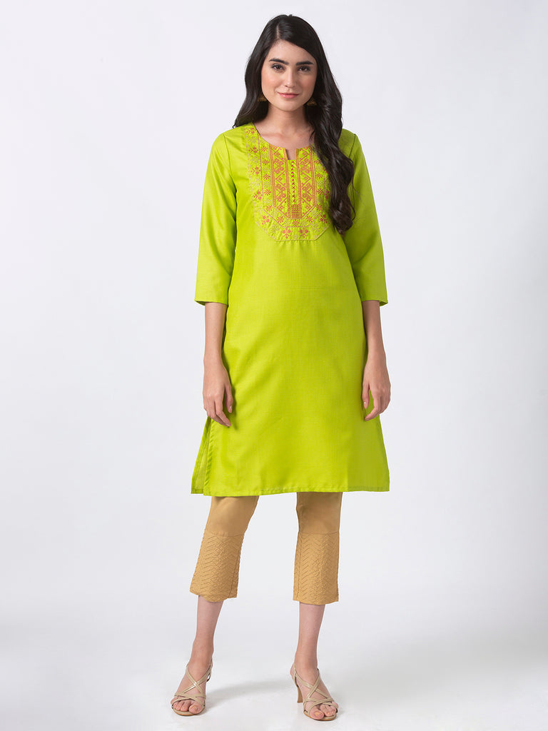 Women Straight Three-Fourth Lime Kurta