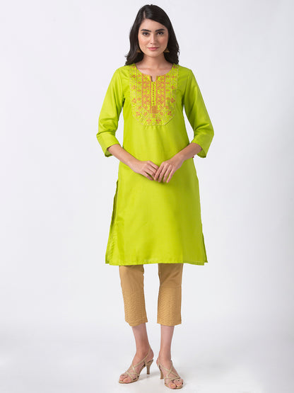 Women Straight Three-Fourth Lime Kurta