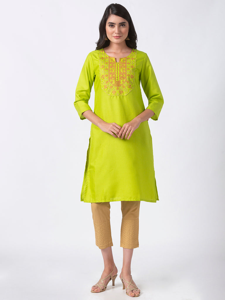 Women Straight Three-Fourth Lime Kurta