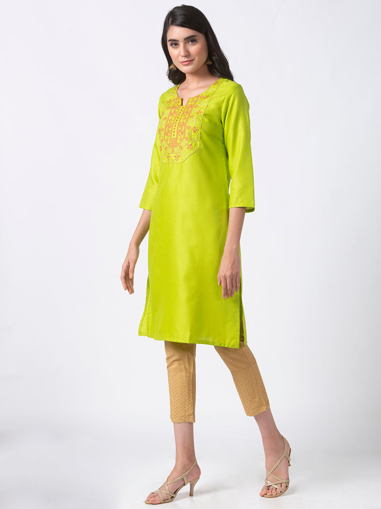 Women Straight Three-Fourth Lime Kurta