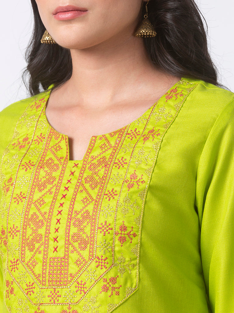 Women Straight Three-Fourth Lime Kurta