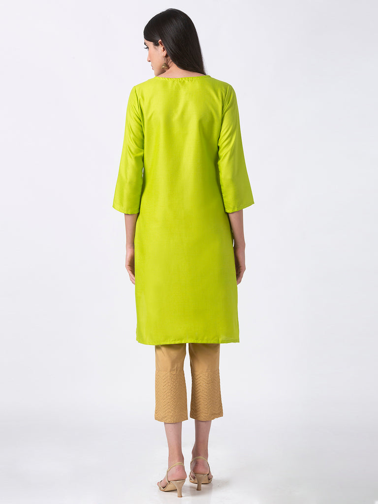 Women Straight Three-Fourth Lime Kurta