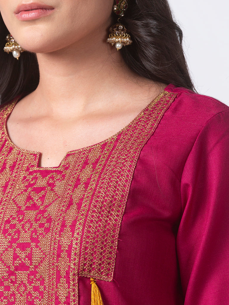 Women Straight Three-Fourth Magenta Kurta