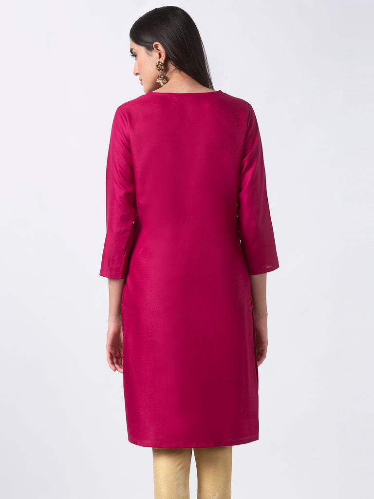 Women Straight Three-Fourth Magenta Kurta
