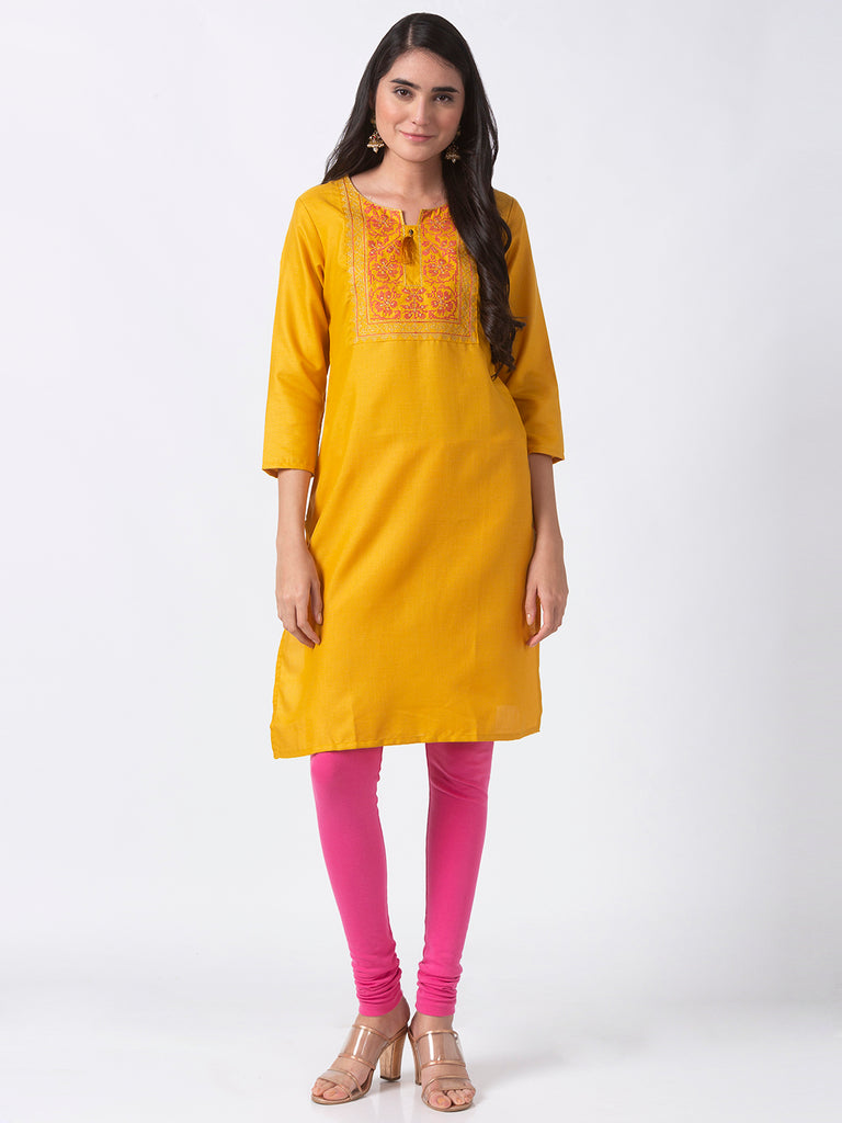 Women Straight Three-Fourth Mustard Kurta