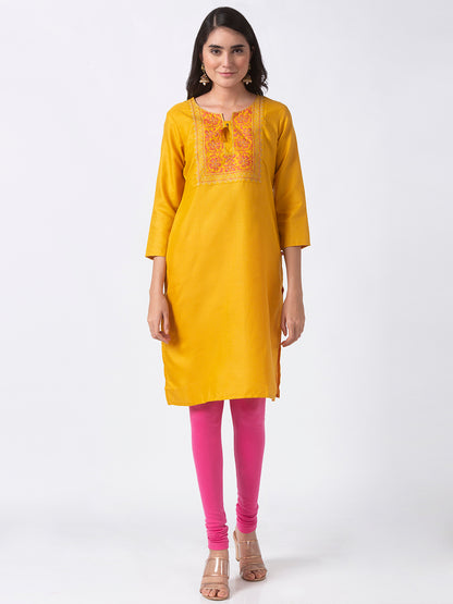 Women Straight Three-Fourth Mustard Kurta