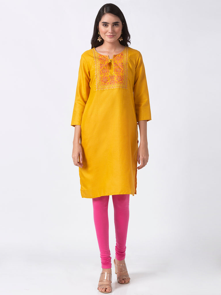 Women Straight Three-Fourth Mustard Kurta