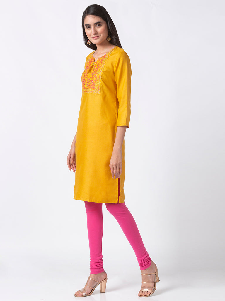 Women Straight Three-Fourth Mustard Kurta