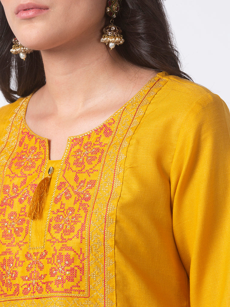 Women Straight Three-Fourth Mustard Kurta