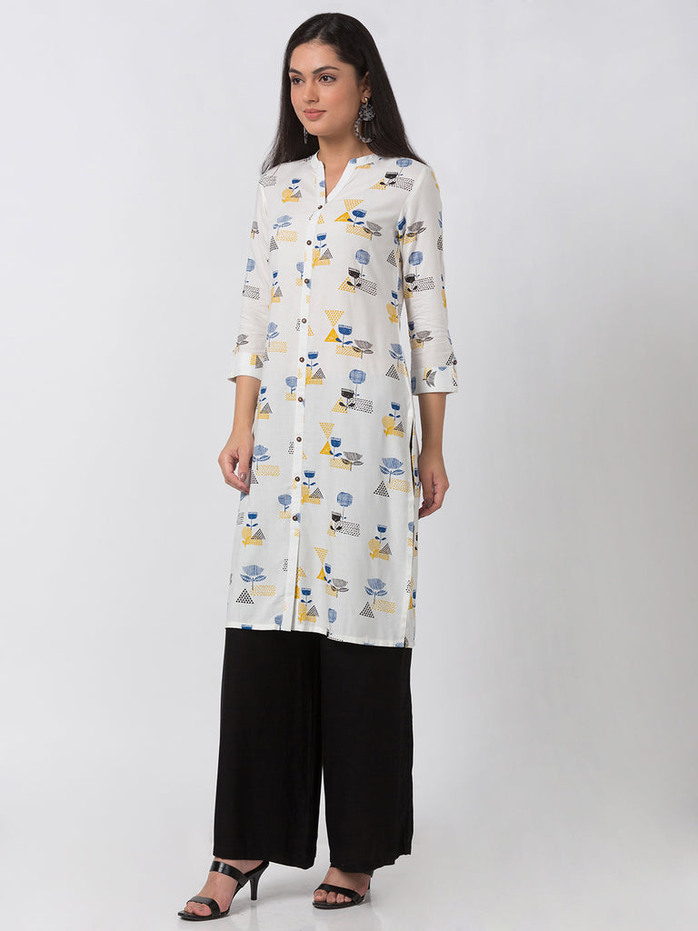 Women Straight Three-Fourth White Kurta