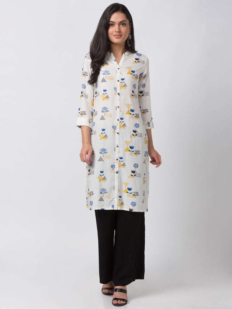Women Straight Three-Fourth White Kurta