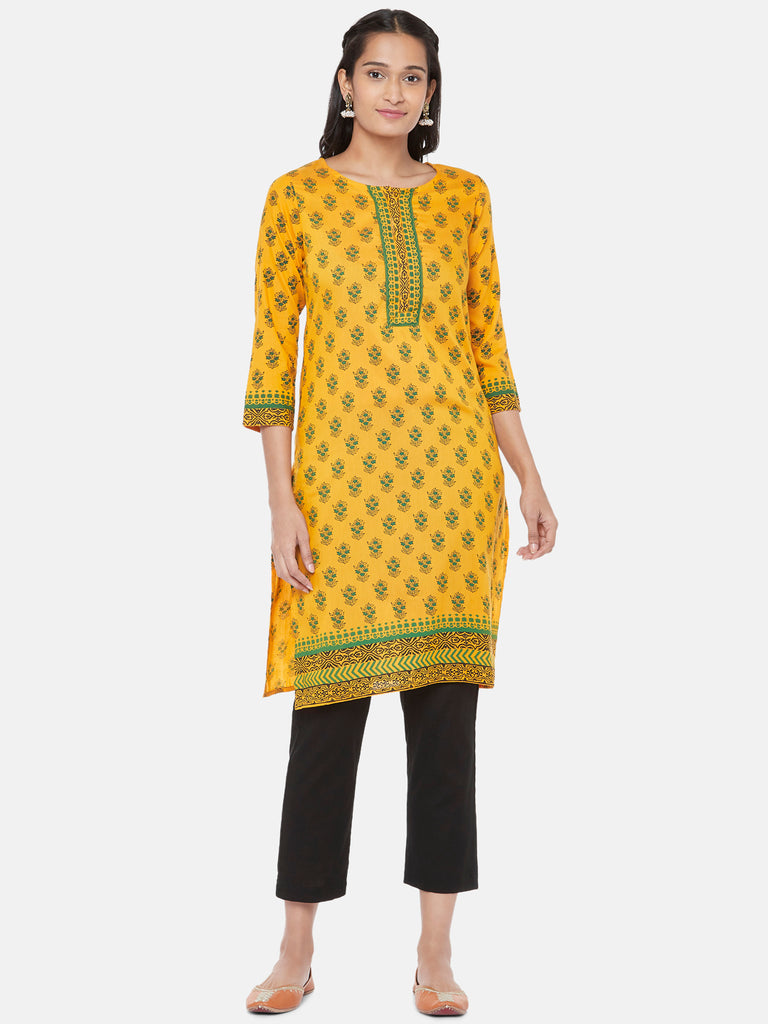 Polystaple Three-Fourth Straight Women Mustard Kurta