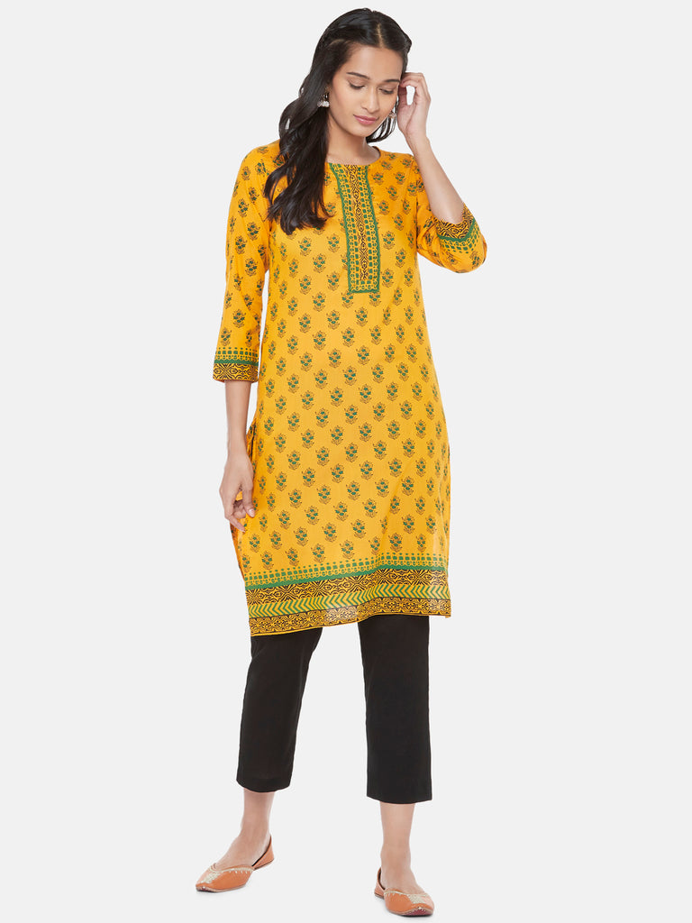 Polystaple Three-Fourth Straight Women Mustard Kurta