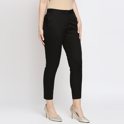 Women's Black Cotton Solid Pants
