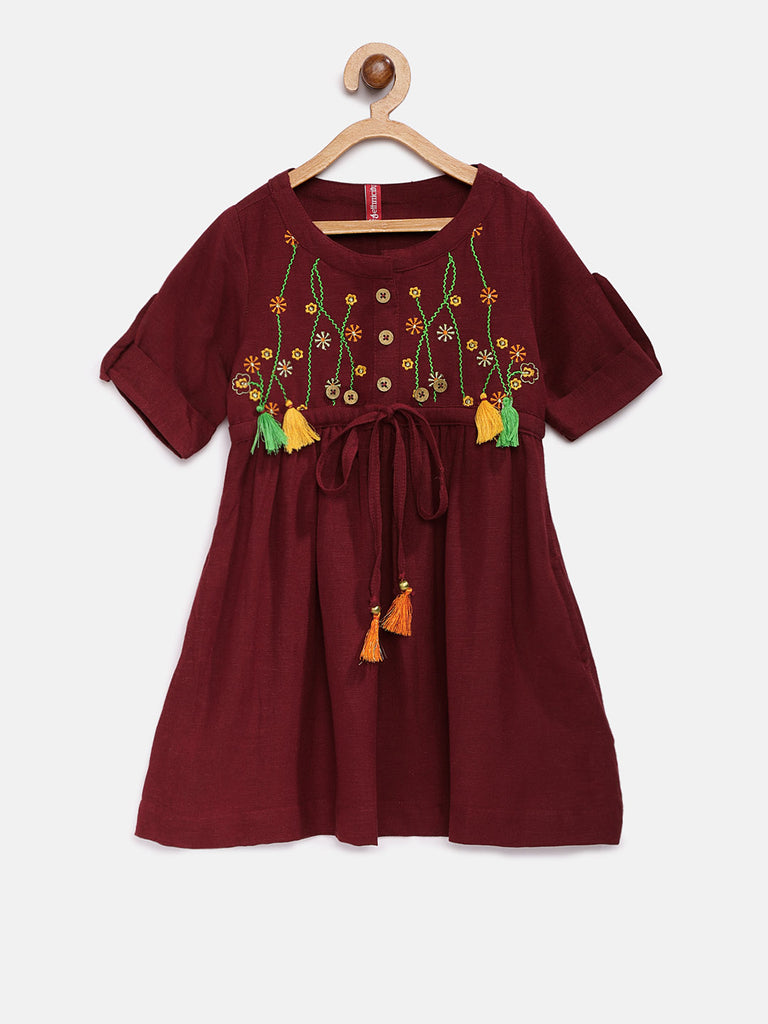 Kids Girls Flared Three-Fourth Maroon Dress