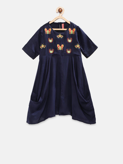 Kids Girls Flared Three-Fourth Navy Dress