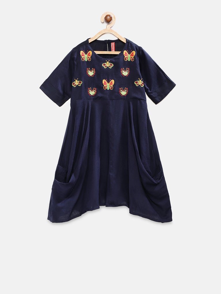 Kids Girls Flared Three-Fourth Navy Dress