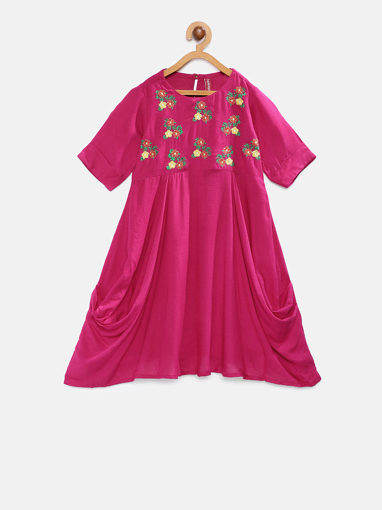 Kids Girls Flared Three-Fourth Fuchsia Dress
