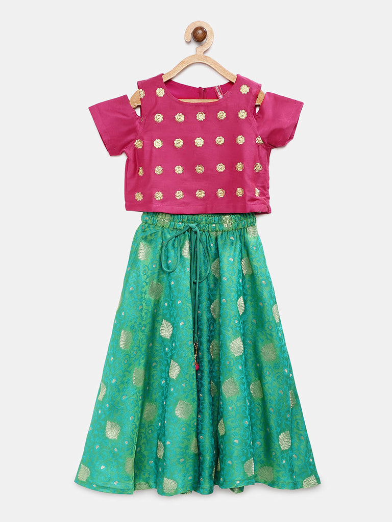 Kids Girls Flared Three-Fourth Green Lehenga Set