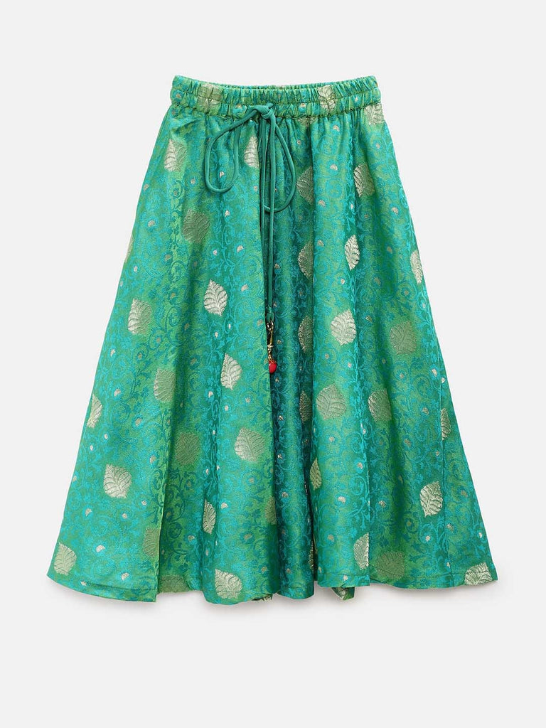 Kids Girls Flared Three-Fourth Green Lehenga Set