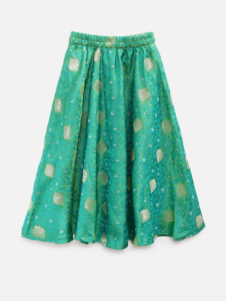 Kids Girls Flared Three-Fourth Green Lehenga Set