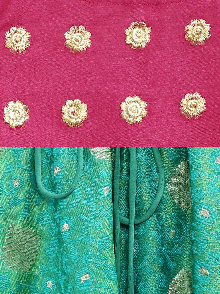 Kids Girls Flared Three-Fourth Green Lehenga Set