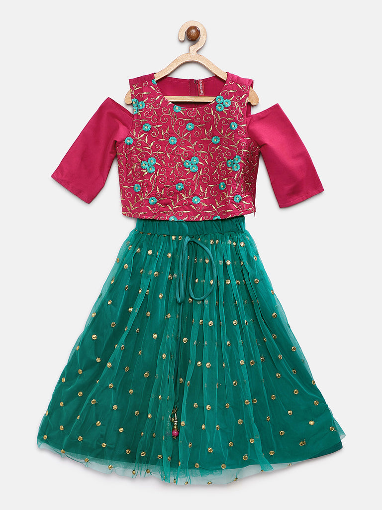 Kids Girls Flared Three-Fourth Fuchsia Lehenga Set