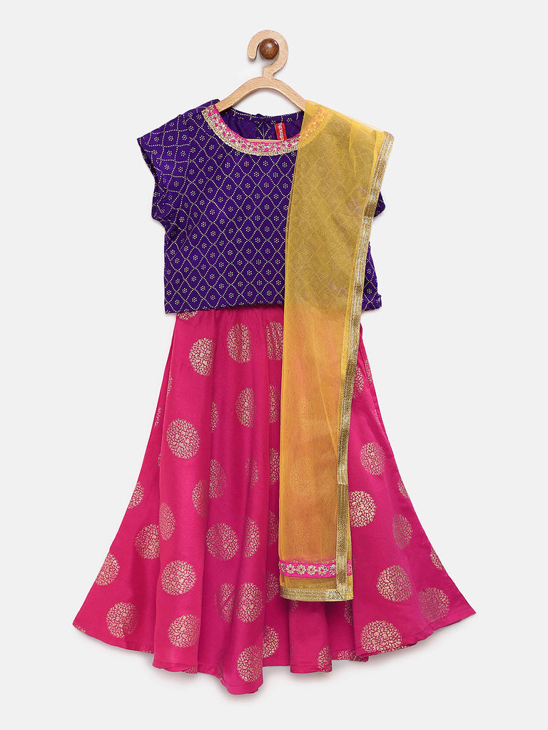 Kids Girls Flared Cap Sleeve Pink Lehenga Set