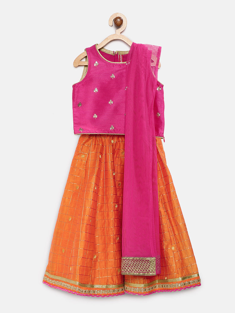 Kids Girls Flared Sleeveless Pink Lehenga Set