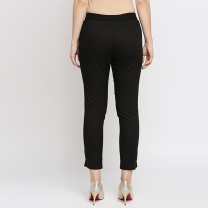 Women's Black Cotton Solid Pants