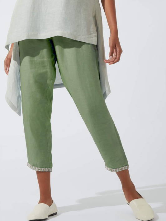 Frost Green Pants With Embroidered Hem