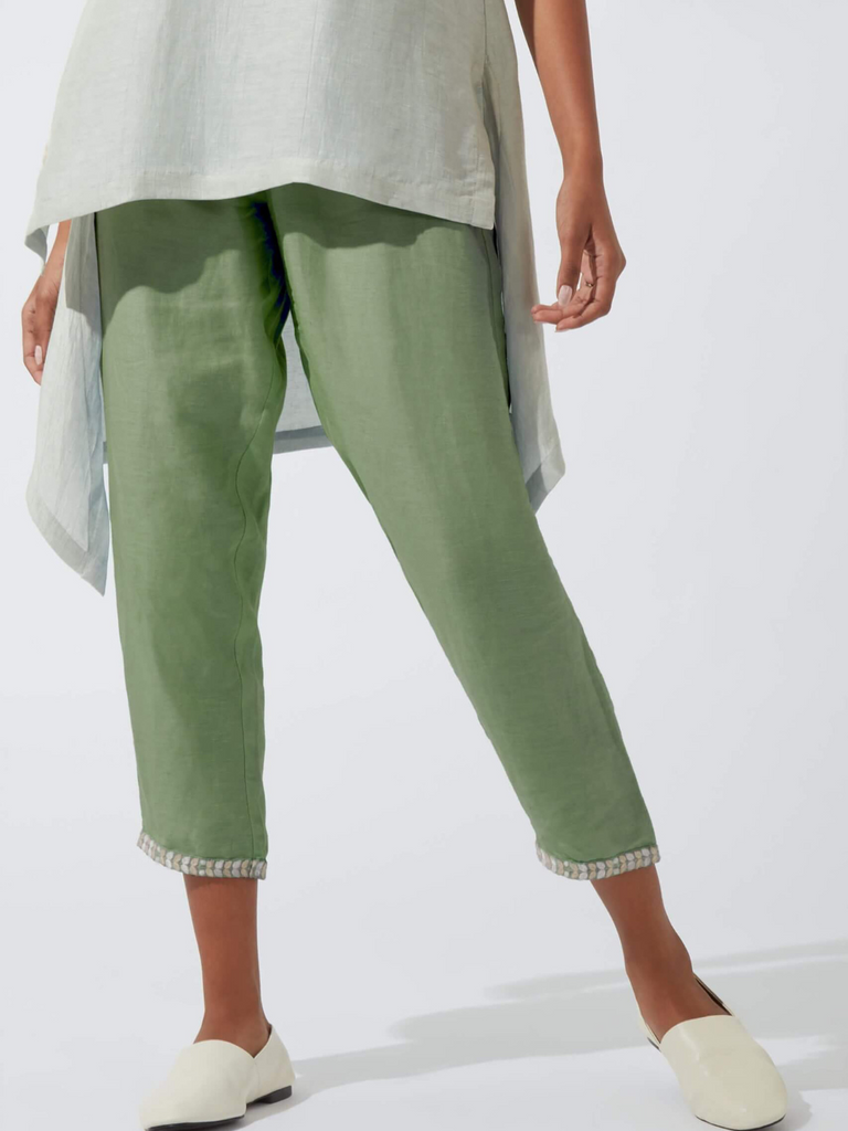 Frost Green Pants With Embroidered Hem