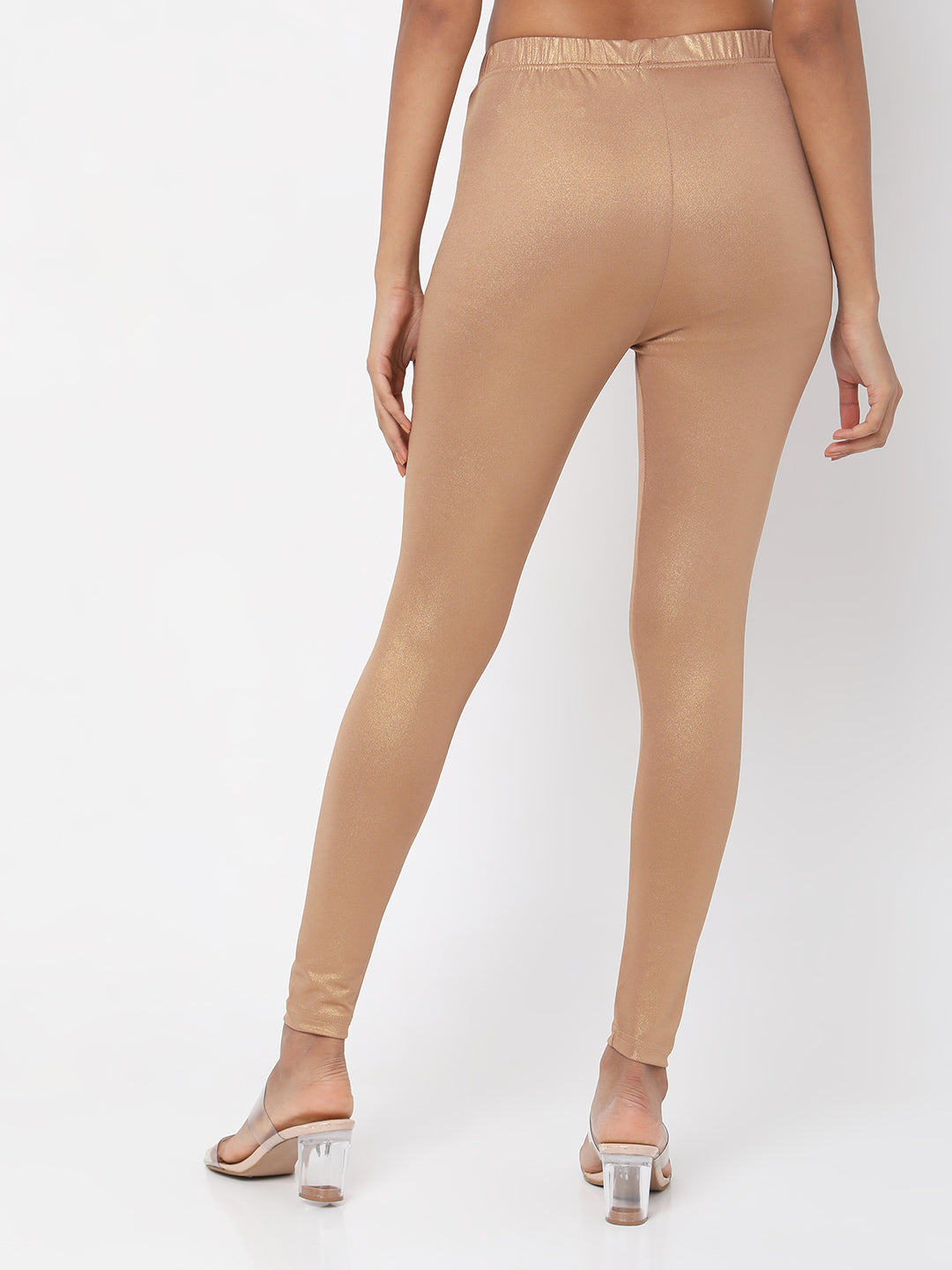 Women's Beige Polyester Spandex Solid Leggings - Ethnicity India