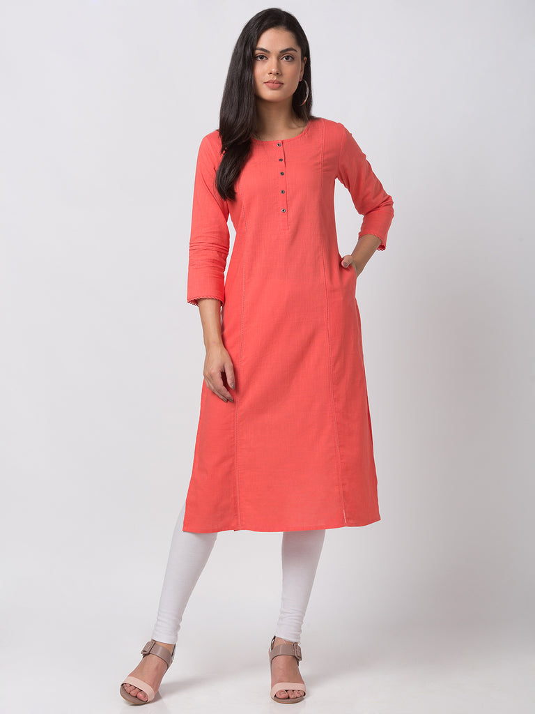 Women Straight Three-Fourth Coral Kurta