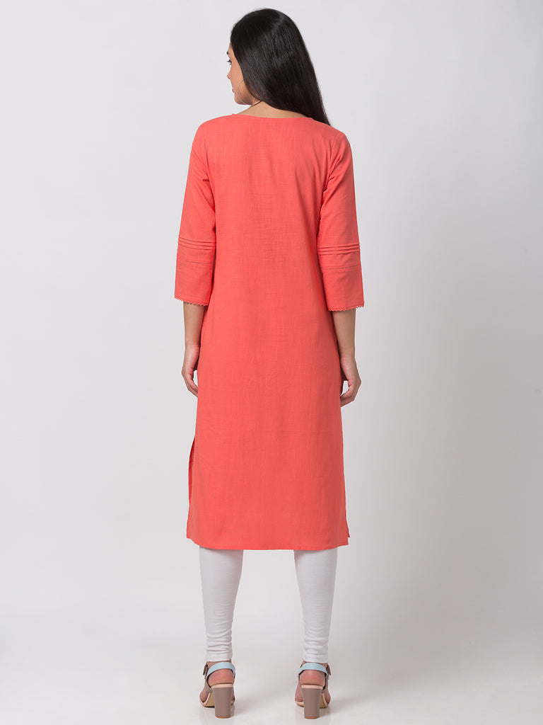 Women Straight Three-Fourth Coral Kurta